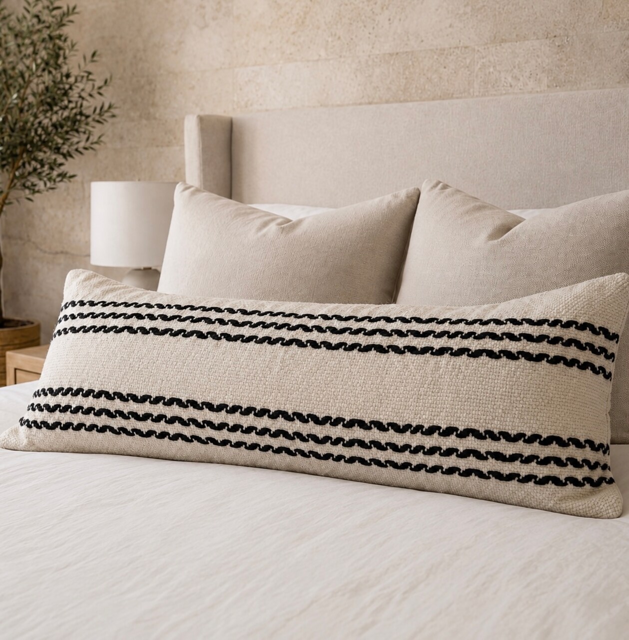 Neutral Beige & Black Kilim Oversized Lumbar Pillow Cover, 14x36 Decorative Boho Bed Pillow Cover